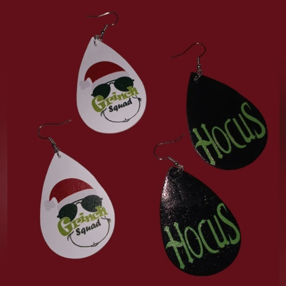 Faux leather grinch teardrop earrings